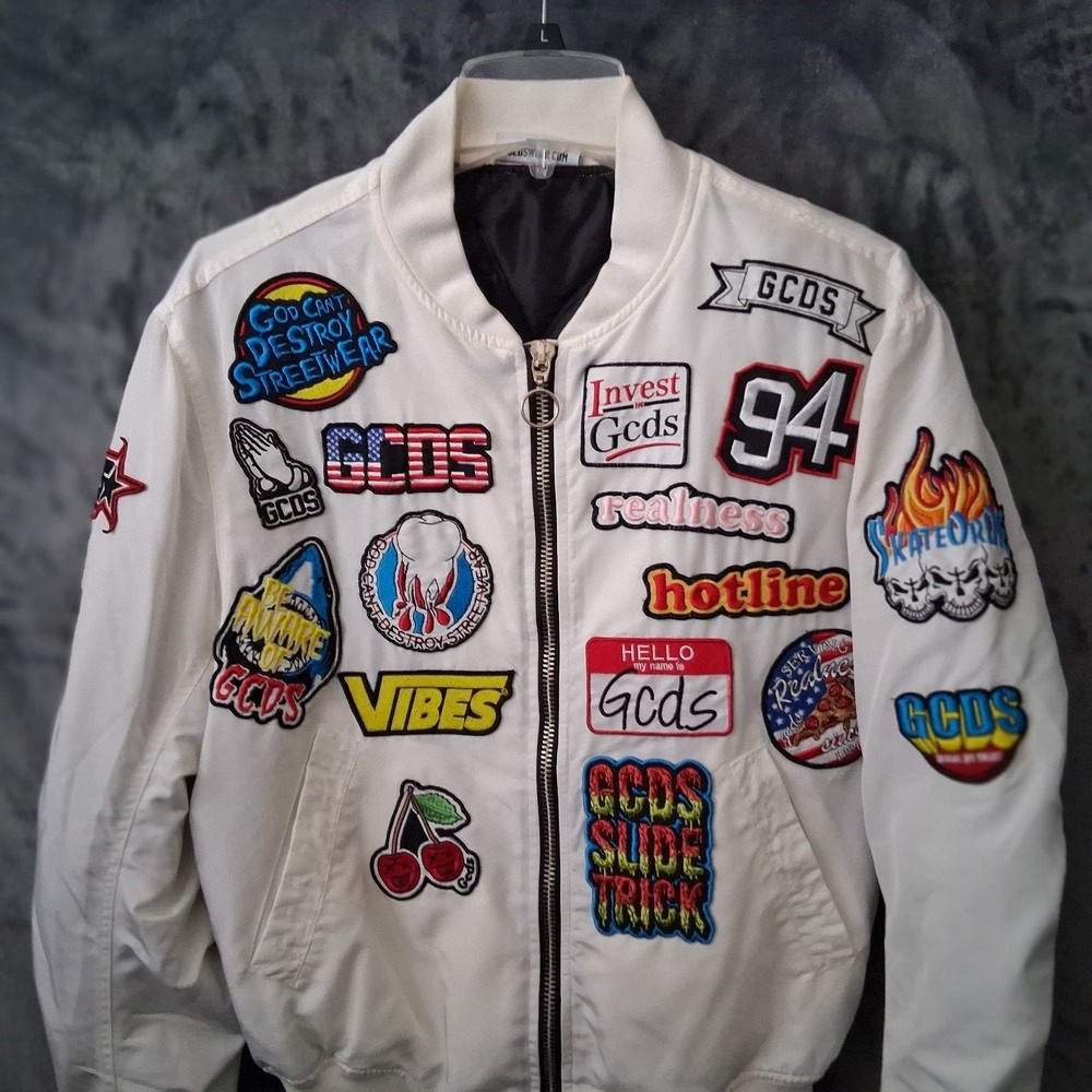 GCDS White Patchwork Streetwear Size XS Logo Full Zip Bomber Jacket Read
